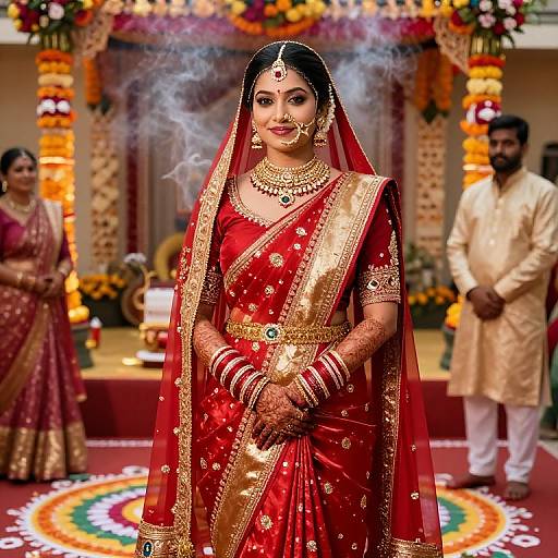 Photograph of a traditional Indian bride in a red and gold saree with intricate embroidery, adorned with jewelry, standing in a decorated wedding altar with floral
