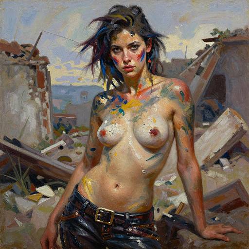 Digital painting of a topless, tattooed, and paint-splattered young woman with short, messy black hair, standing in a ruined, rubble