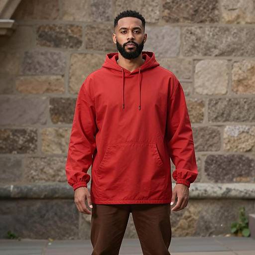 Man in Red Hoodie Standing by Stone Wall