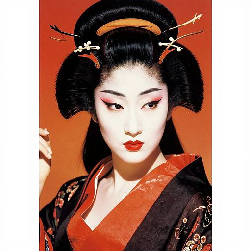 Digital illustration of a traditional Japanese geisha with pale skin, black hair in an elaborate updo, red lipstick, pink eye shadow, and a black
