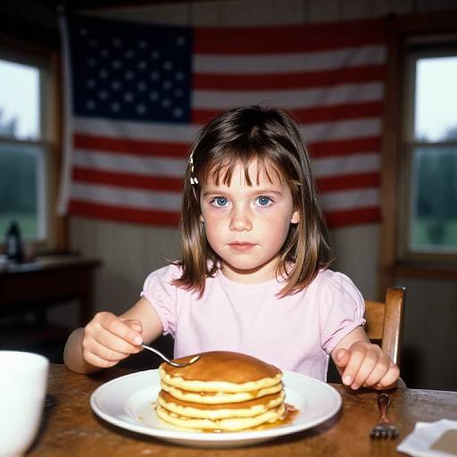 Photograph of a young girl with blue eyes and brown hair, wearing a white shirt, eating pancakes at a wooden table with an American flag in the