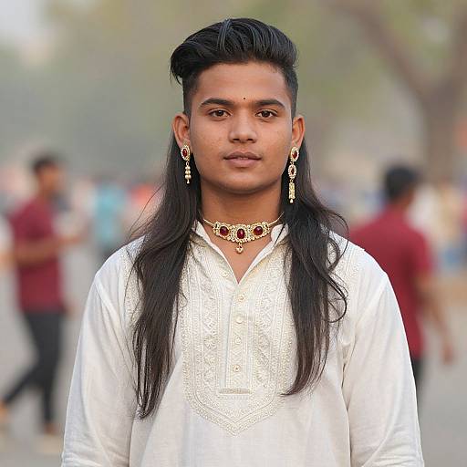 Photograph of a young South Asian man with long black hair, wearing a white kurta, gold necklace, and earrings, standing in a blurred outdoor