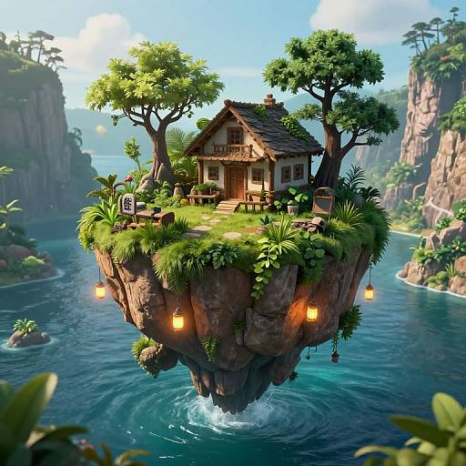Digital illustration of a wooden cottage with lanterns, perched on a lush, floating rock above a blue, serene river, surrounded by cliffs and tropical