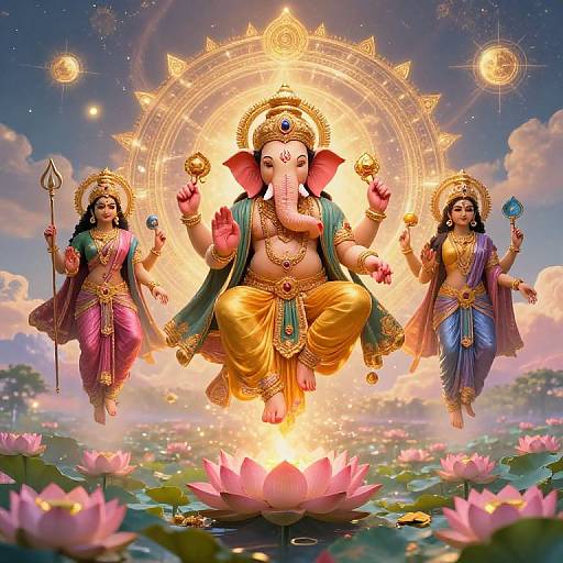 Celestial Hindu Deities Above Lotus