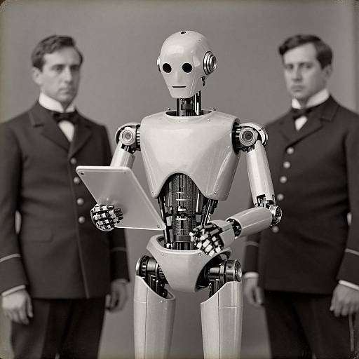 Black-and-white photograph of a shiny, humanoid robot holding a clipboard, flanked by two men in dark suits, standing against a plain background.