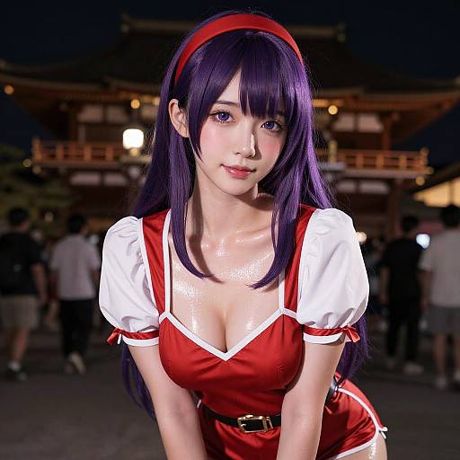 Photograph of an East Asian woman with long purple hair, red headband, and red-white cosplay dress, leaning forward, in a nighttime, illuminated