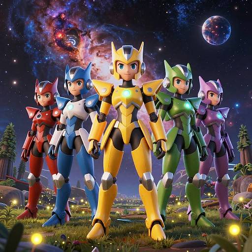 Radiant Cyber Valkyries in Cosmic Forest