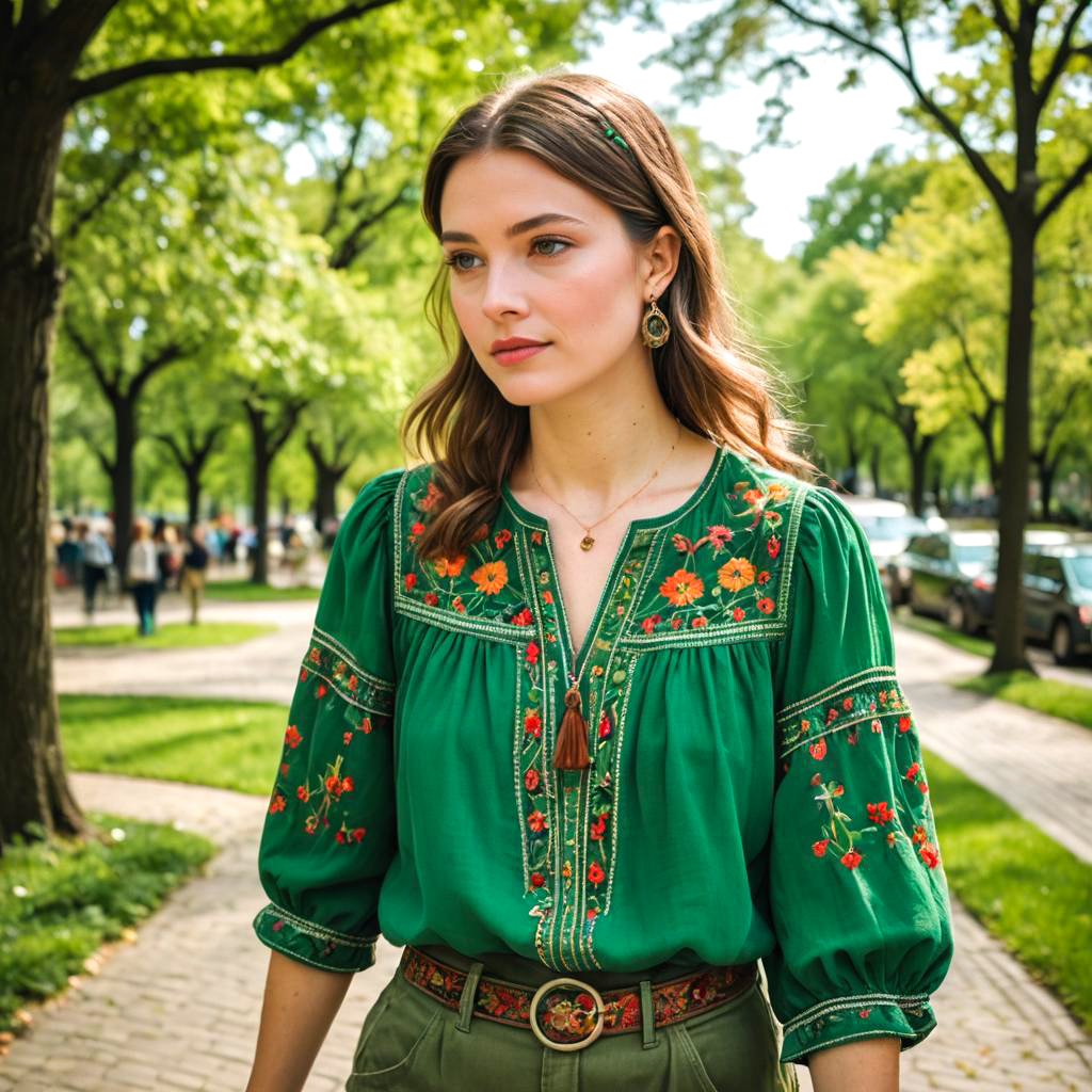 Vibrant Park Stroll: Young Woman in Green Blouse