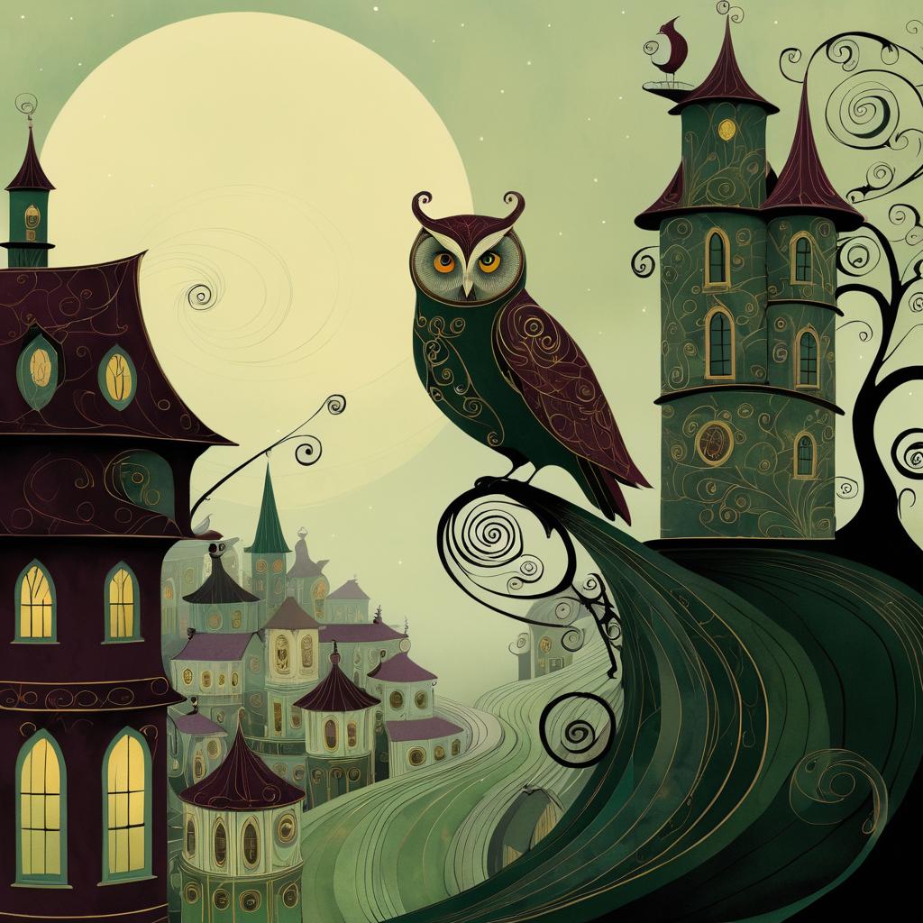 Whimsical Owl Over Foggy Village Art