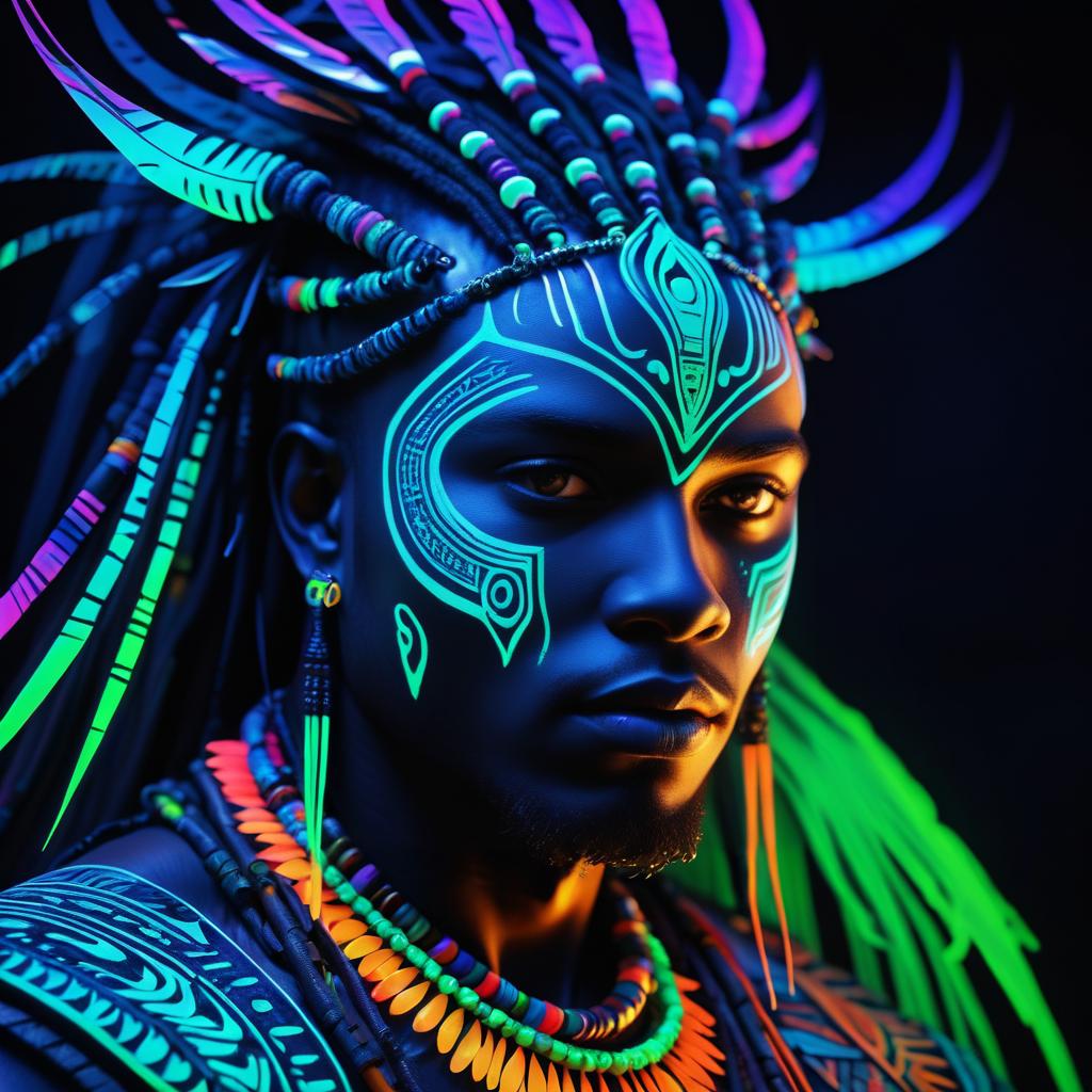 Vibrant Bioluminescent African Warrior Art