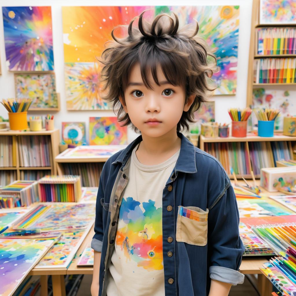 Curious Boy in a Vibrant Art Studio