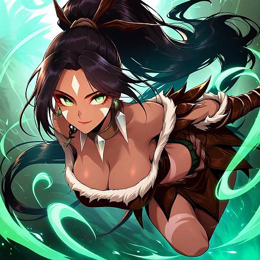 Illustration of Nidalee, league of legends in the style of Ooranokohaku