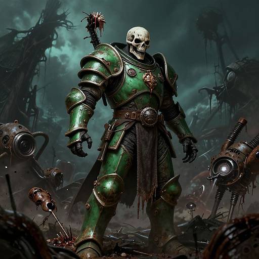 Digital artwork of a skeletal warrior in green, rusty armor with a bloody, spiked arrow in his shoulder, standing in a dark, eerie, ruined landscape