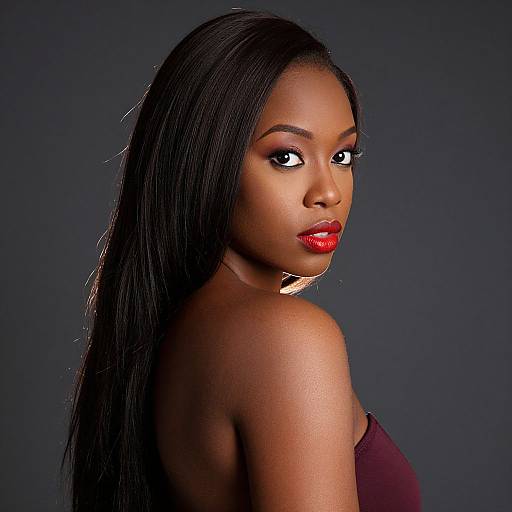 Photograph of a beautiful Black woman with long straight black hair, red lipstick, and dark red strapless top, looking over her shoulder against a dark