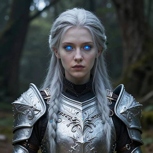 Silver-Haired Fantasy Warrior in Forest
