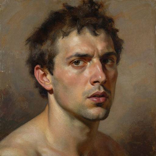 Digital painting of a shirtless, serious young man with tousled brown hair and fair skin, set against a textured brown background.