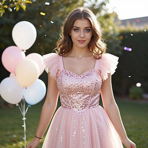Photograph of a young woman with wavy brown hair, wearing a sparkling pink dress, standing outdoors with white and pink balloons in the background. Sun