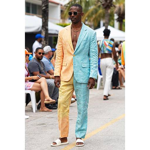 Caribbean Man in Colorful Linen Suit at Outdoor Fashion Show