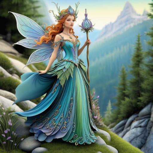 Whimsical Fairy Queen in Mountain Landscape