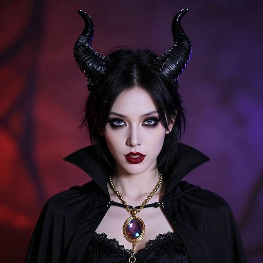Photograph of a pale-skinned woman with black hair, wearing black horned headpiece, dark lipstick, black lace top, high-collared
