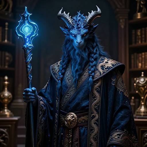 Digital artwork of a blue, horned, wolf-like wizard with glowing eyes, holding a blue, fiery staff, wearing ornate, dark robes in