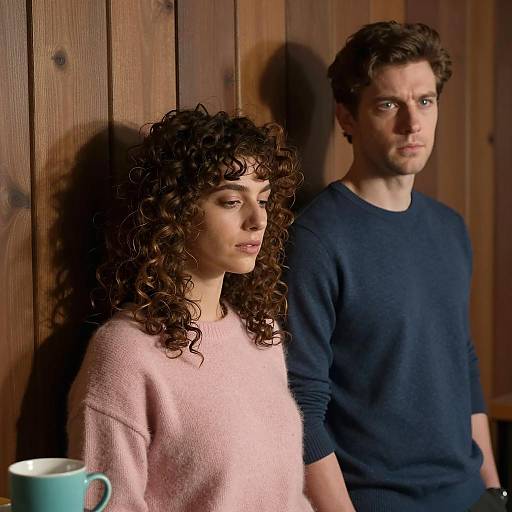 Thoughtful Couple Standing by Wooden Wall