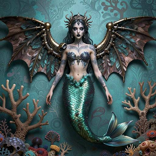 Digital artwork of a mermaid with dark, flowing hair, black crown, metallic scales, and large, bat-like wings, surrounded by coral and sea