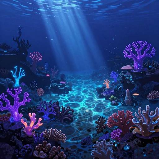 Vibrant underwater scene: glowing blue light rays illuminate colorful coral reefs, including purple, pink, and green corals, surrounded by small fish in