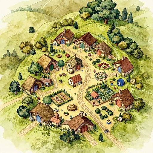 Colorful, detailed aerial illustration of a whimsical village with charming cottages, winding paths, gardens, and trees, set in a lush, rolling