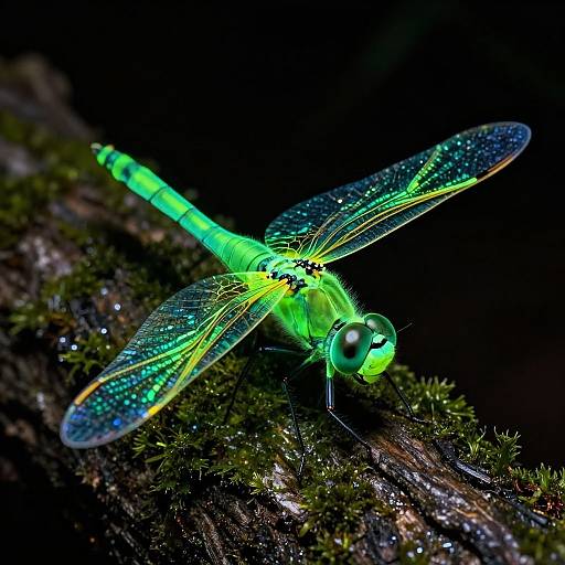 Photograph of a vivid green dragonfly with iridescent blue and yellow wings, perched on a moss-covered branch against a dark background.