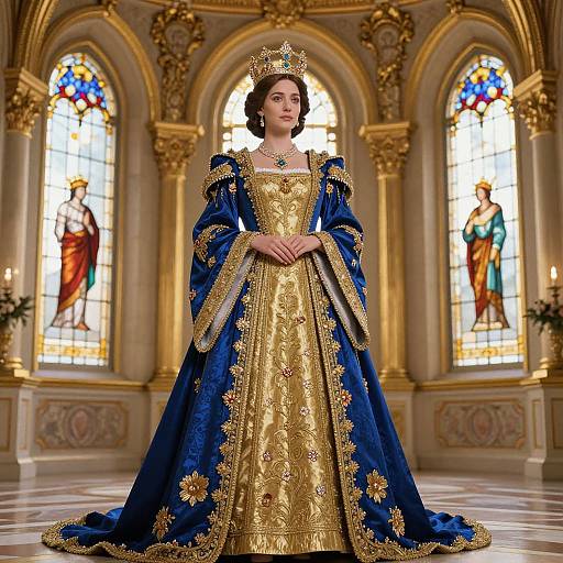 Photograph of a fair-skinned woman in an ornate blue and gold royal gown with crown, standing in a grand, stained glass-lit cathedral