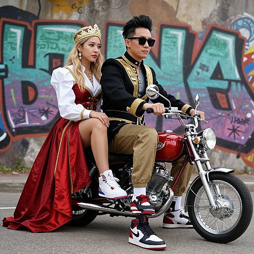 Photograph of an Asian couple in medieval and punk attire, she in a red dress and crown, he in black jacket and sunglasses, riding a red