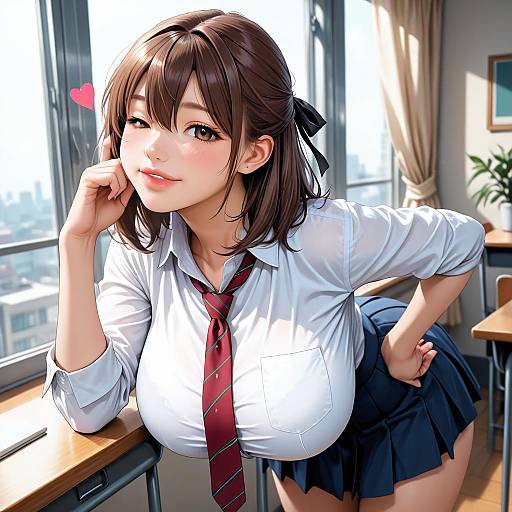 Digital anime-style drawing of a cute, busty Japanese schoolgirl with brown hair, white shirt, red tie, blue skirt, leaning on desk by window