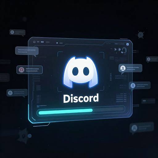 Digital logo of Discord with a glowing blue and white cartoon dog icon, surrounded by dark, tech-inspired background elements.