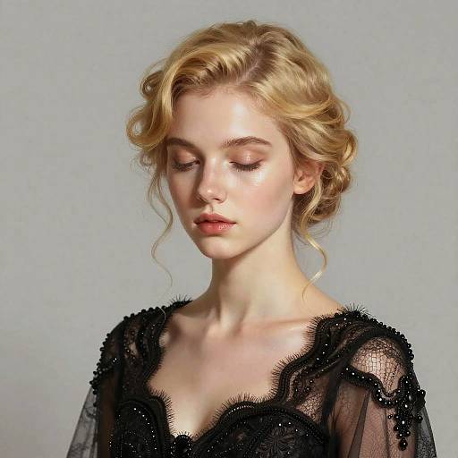 Photograph of a blonde, fair-skinned woman with wavy hair, closed eyes, and subtle makeup, wearing a sheer black lace dress against a