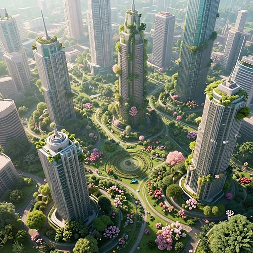 Photorealistic CGI of a futuristic cityscape with towering skyscrapers adorned with greenery, surrounded by vibrant gardens, winding paths, and blooming