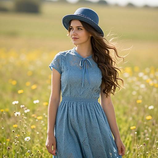 Young Woman in Blue Dress and Hat in Meadow