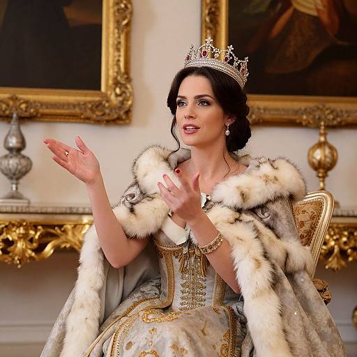 Photograph of a regal woman with dark hair, wearing a silver crown, fur-trimmed gown, and gold jewelry, gesturing with both