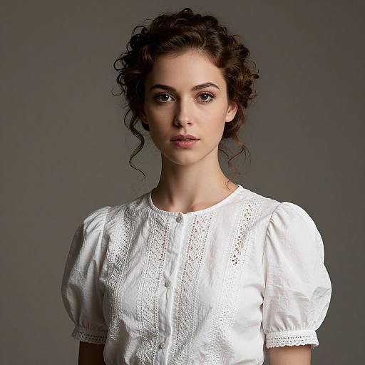 Photograph of a young woman with curly dark hair, wearing a white lace blouse with short puffed sleeves, standing against a gray background.