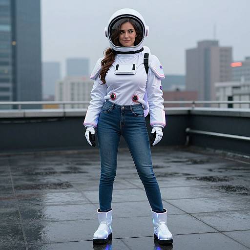 Photograph of a young woman in a white astronaut suit, black gloves, blue jeans, and white boots, standing on a rainy rooftop with city skys