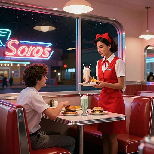 Photograph of a 1950s-style diner: a smiling female waitress in red uniform and white blouse serves a curly-haired man in white shirt,