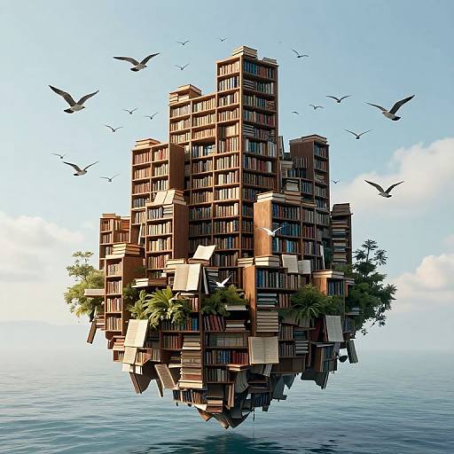 Digital artwork of a floating, towering book-filled island with birds flying around, surrounded by calm ocean and clear sky.