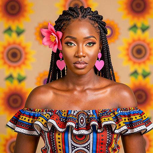 African Woman in Colorful Off-Shoulder Dress with Braided Hair