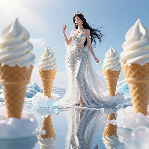 Photorealistic CGI: Elegant woman in sparkling silver gown with long black hair, tiara, standing on reflective ice, surrounded by three large ice cream