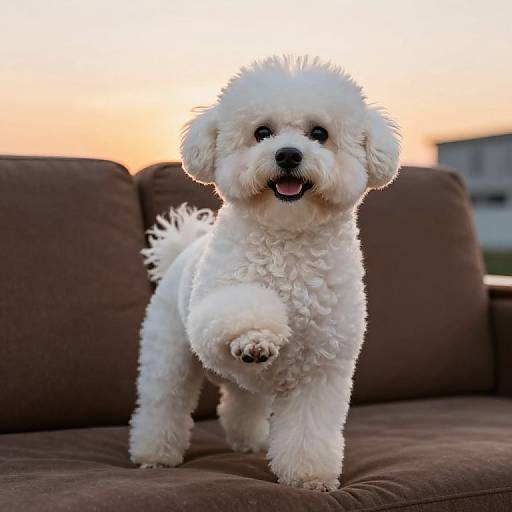 Smiling Bichon Frize on Sofa