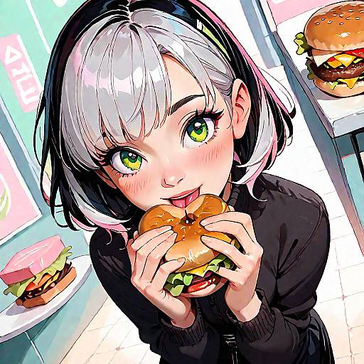 Anime Girl Eating Burger with Smile