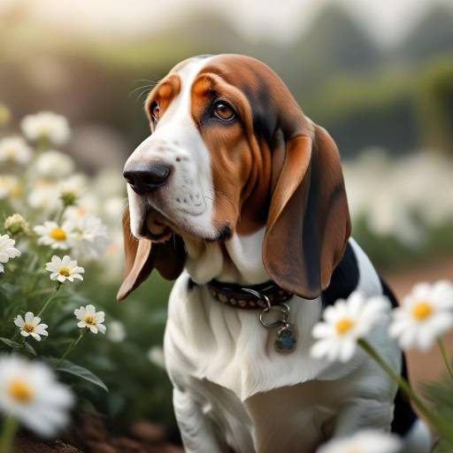 Basset Hound in a Flower Field