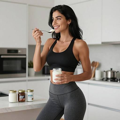 Fit Woman Enjoying Yogurt in Kitchen