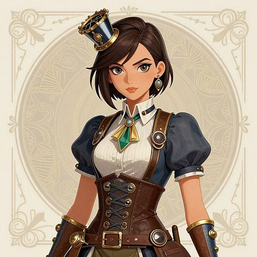 Digital anime-style drawing of a dark-haired woman with a steampunk outfit, including a small top hat, corset, and gloves, standing against