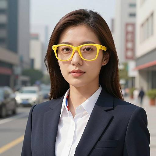 Asian Businesswoman in Yellow Glasses Outdoors